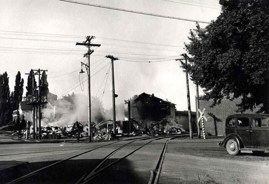 Looking southwest at the Washburn-Wilson Seed Company fire after the building was nothing but rubbish, from Almon and A streets.