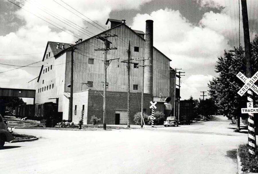 Looking southwest from the intersection of Almon and A streets at the Washburn-Wilson Seed Company commercial pea processing plant in 1960. By Clifford M. Ott.