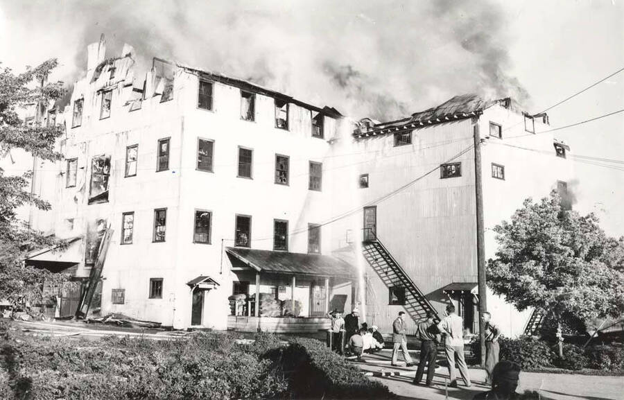 Fire of July 7, 1945. This was the seed and commercial pea processing plant at that time. Picture by Hodgins Drug Store, Charles Dimond, photographer.