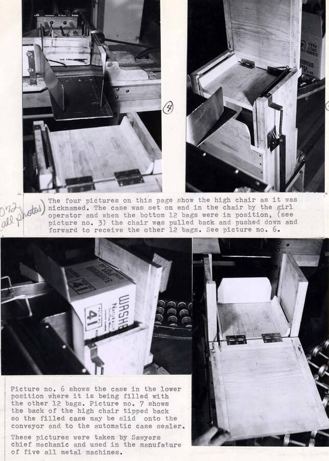 [4 photos of the 'high chair', a machine that packaged cellophane bags]