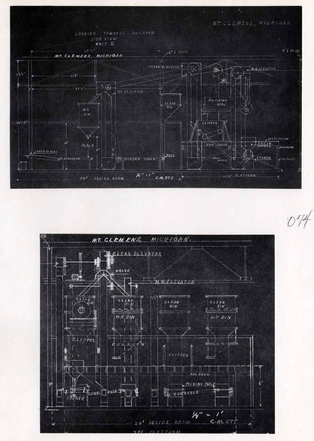 [2 photos of blue prints for the bag-packaging machine]