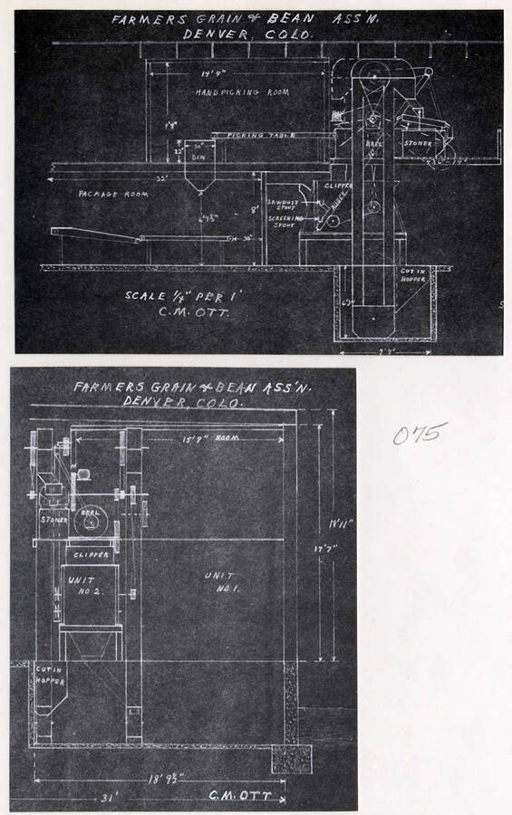 2 photos of blue prints for the bag-packaging machine.
