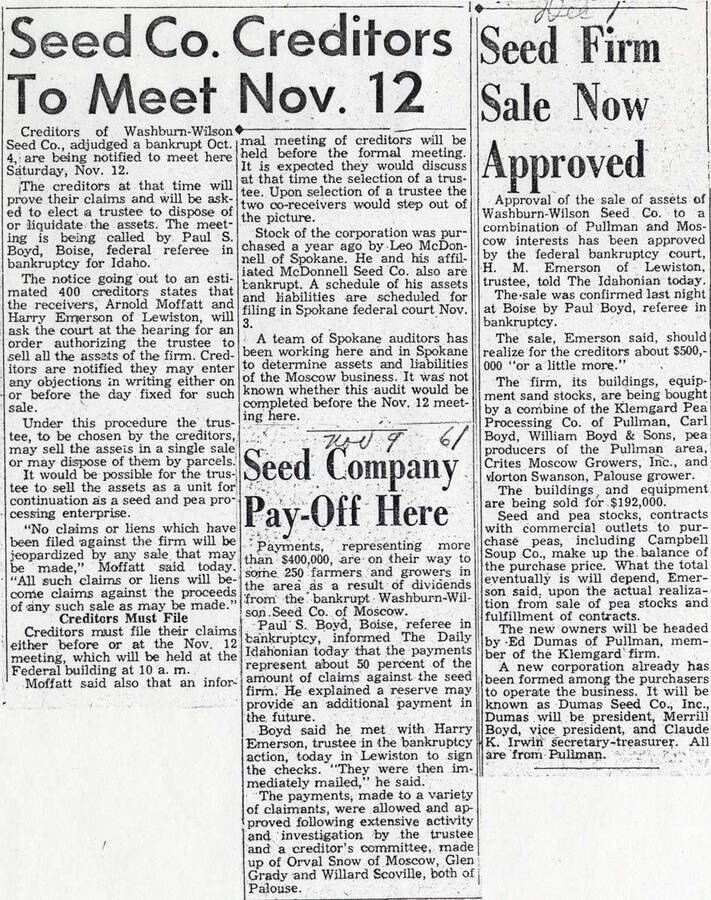 Photocopy of articles in unknown newspaper titled "Seed Co. Creditors To Meet Nov.12," "Seed Firm Sale Now Approved," "Seed Company Pay-Off Here"