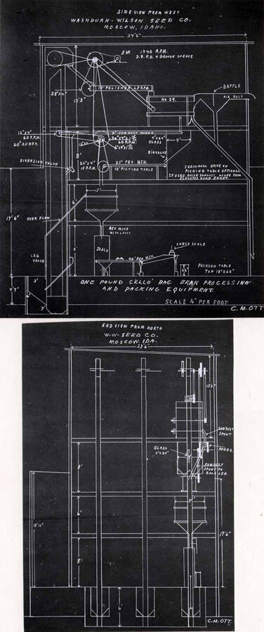 [2 photos of blue prints for the bag-packaging machine]