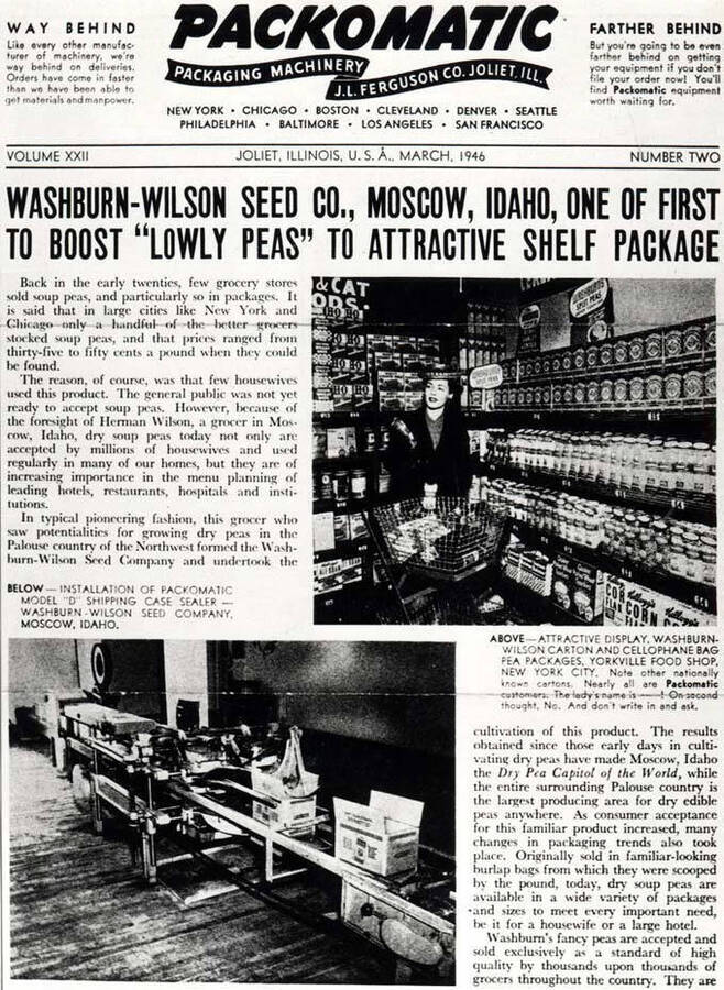 A newsletter promotional piece about how the new packaging and machines have changed the Washburn-Wilson Seed Company business and impacted grocery purchasing.