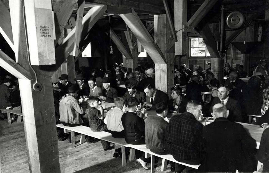 Crowd of over 600 people were served a lunch consisting entirely of [dishes made of] peas and/or lentils (from soup to nuts). Mrs. Roland Hodgins complained the next day of having indigestion from too high a protein meal. Farmers Day June 19, 1937.