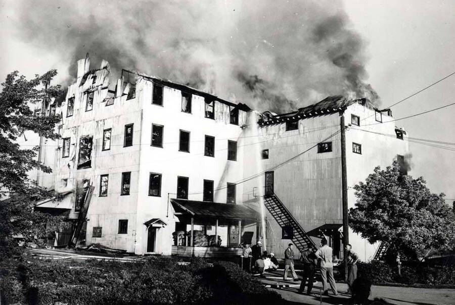 About 5:00 a.m. July 7, 1945, a fire burned through the roof of the main processing building belonging to the Washburn-Wilson Seed Company at the southwest corner of Almon and A streets.