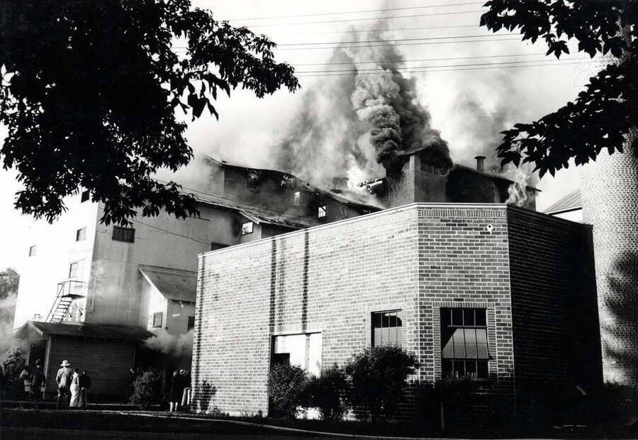Looking southeast at the Washburn-Wilson Seed Company fire over the brick boiler building from A Street, July 7, 1945.