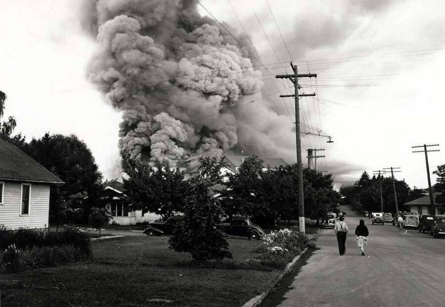 Looking west at the Washburn-Wilson Seed Company fire from A Street east of Jackson Street, July 7, 1945.