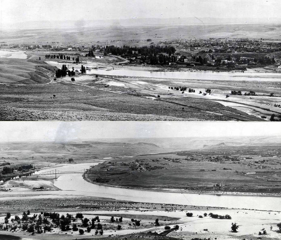 Part I and Part II: Copies of a three section original picture of Lewiston and Clarkston given to Toni Earl of the Luna House (museum) at Lewiston by Charles Kipp, Kooskia, Idaho. Picture taken by Henry Fair, a Lewiston photographer in 1907 before the arrival of the Oregon-Washington Railroad & Navigation Company. See picture 90-10-013 later in 1907.