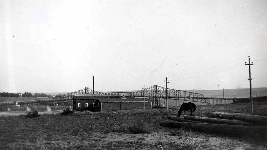 Looking southeast at the Lewiston-Clarkston bridge from the Clarkston side. Built in 1899 and razed in 1939. About 1910.
