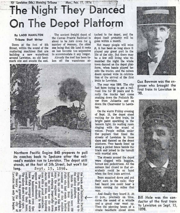 Photocopy of a newspaper article about the arrival of the railroad in Lewiston, Idaho.