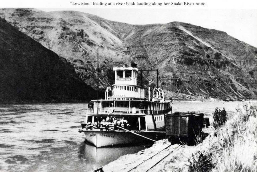 Lewiston loading at a river bank landing along her Snake River route.
