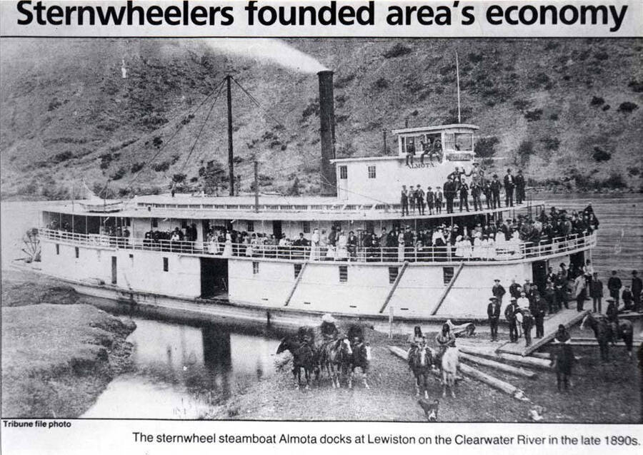 [Photo of newspaper photo]. Sternwheeler steamboat Almota docks at Lewiston on the Clearwater River in the late 1890s.