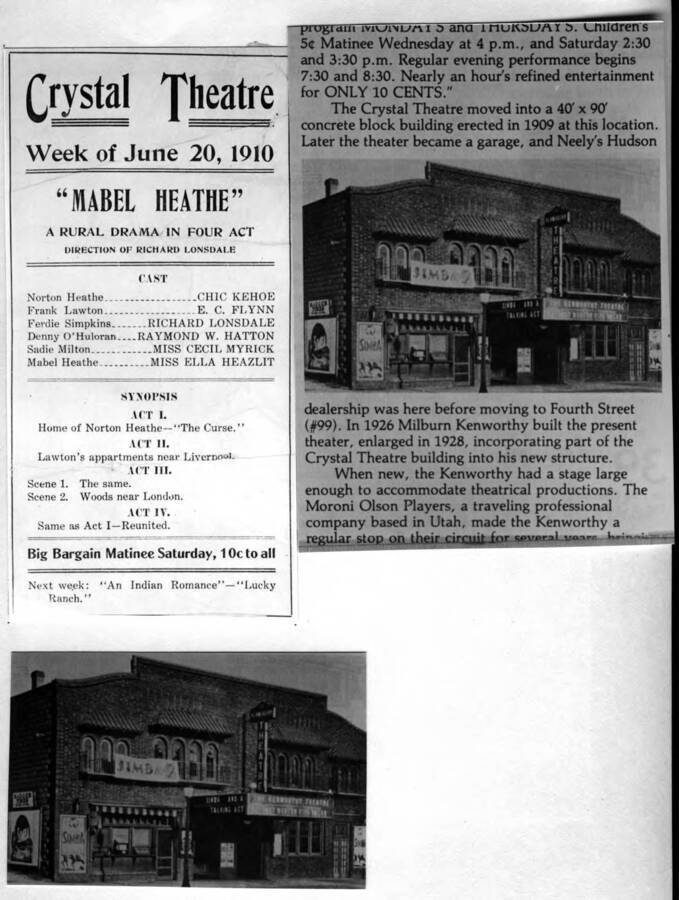 [Newspaper clippings with information about the Crystal Theatre]