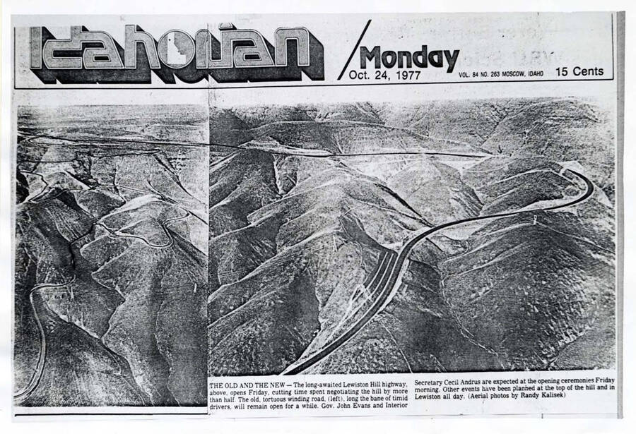[Photo of newspaper photo]. Old Lewiston Hill highway and new Lewiston Hill highway.