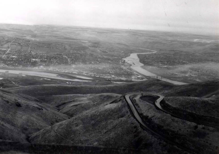 Looking southwest from top of grade showing the junction of the Snake and Clearwater rivers. Part of Clarkston at right. December 20, 1974.