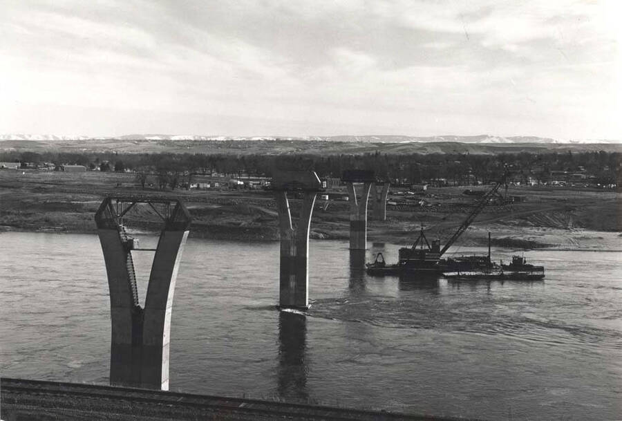 Some Day Bridge down river from Lewiston and north of Clarkston, showing the support columns. Bridge to be completed later. February 5, 1975.