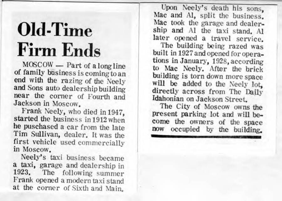 Newspaper clipping titled "Old-Time Firm Ends", discussing the history of Neely and Sons Garage