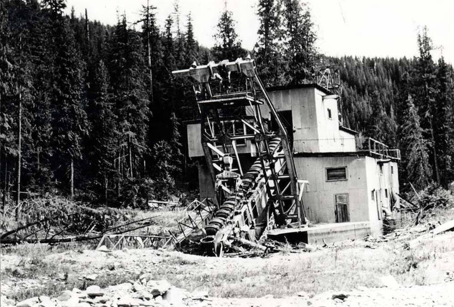 Gold dredge used on the Palouse River upriver from the Princeton-Harvard area in the early 1900s.