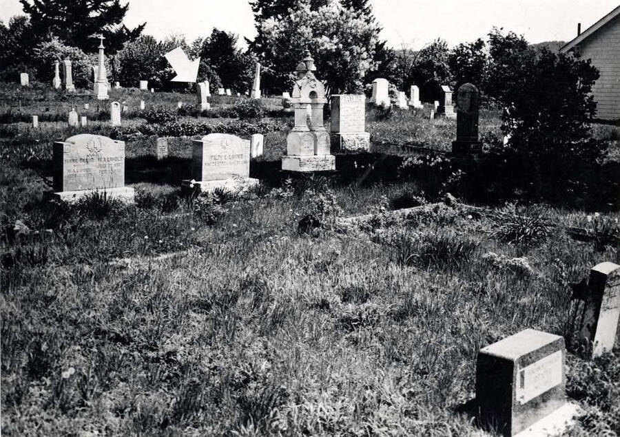 First grave in the Moscow Cemetery. Arrow in lower picture [90-10-098] shows the location of the old section of the cemetery.