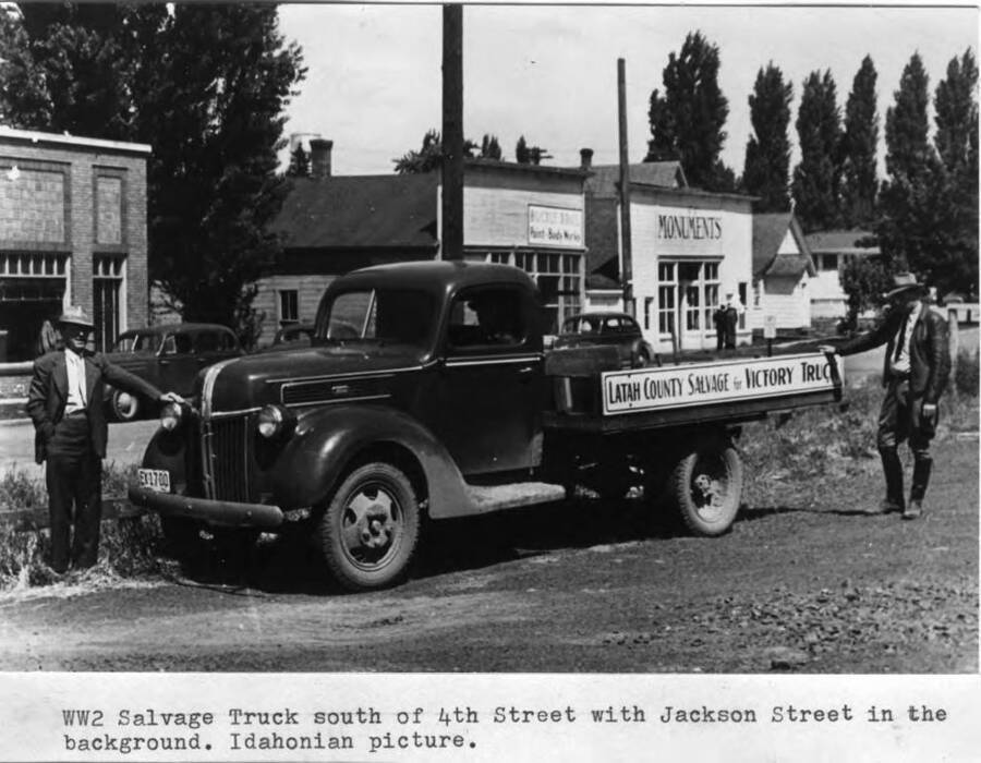 World War II salvage truck south of Fourth Street with Jackson Street in the background. Idahonian picture.