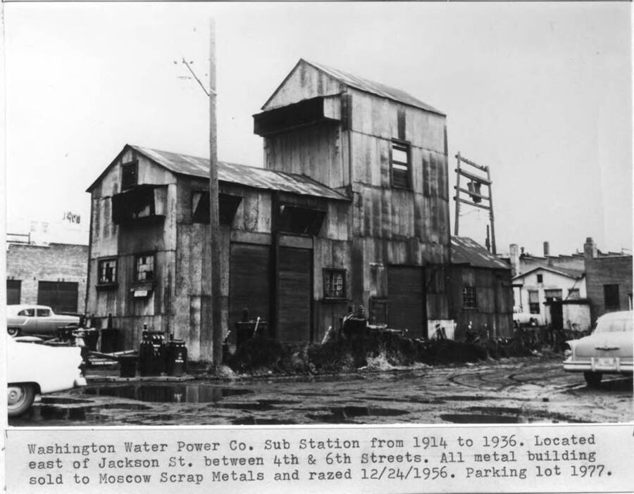 Located east of Jackson Street between Fourth and Sixth streets. All-metal building sold to Moscow Scrap Metals and razed December 14, 1956. Parking lot, 1977.