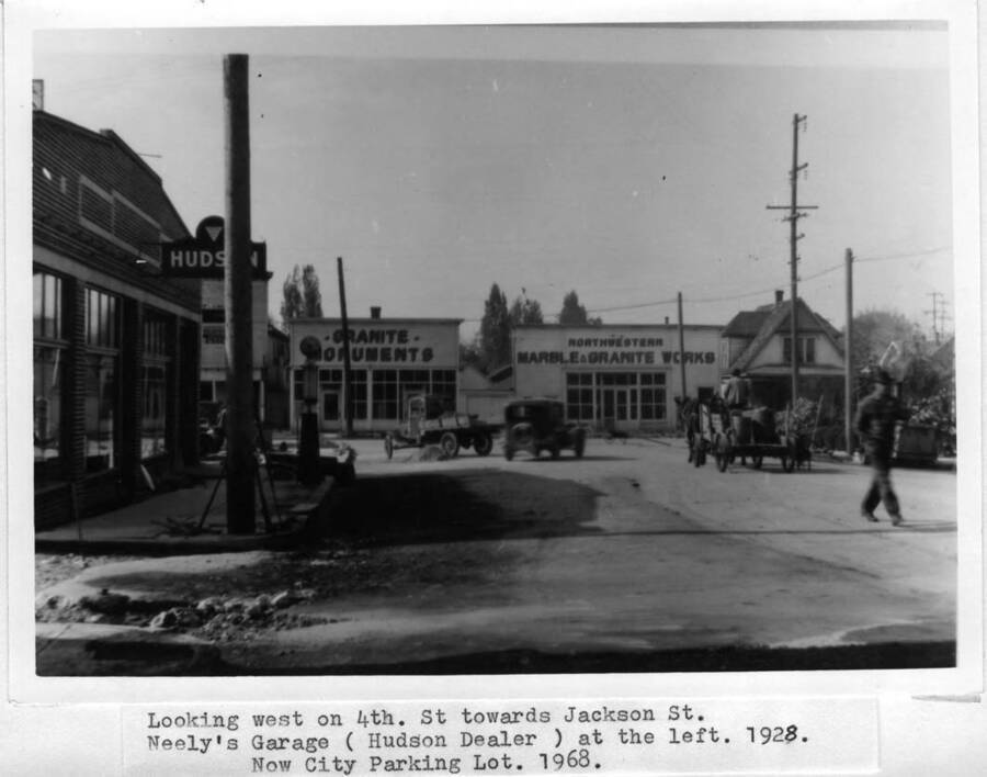 Neely's Garage (Hudson dealer) is at the left. 1928. Now a city parking lot in 1968.