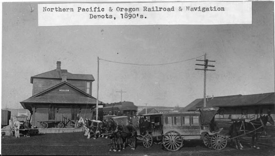 Northern Pacific and Oregon Railroad & Navigation depots, 1890s. Moscow, Idaho