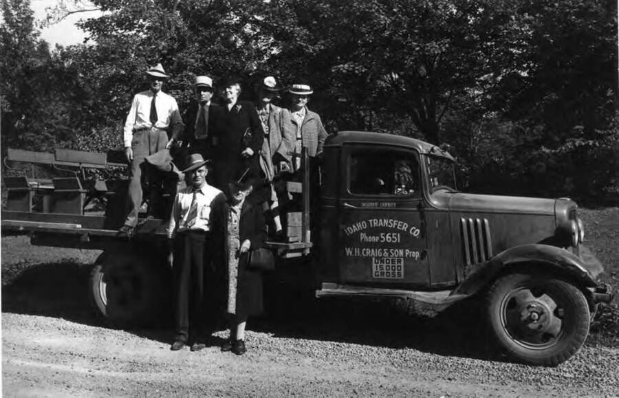 Idaho Transfer Company truck converted to haul passengers to a picnic area. W.H. Craig & Son, Prop. 1940s.