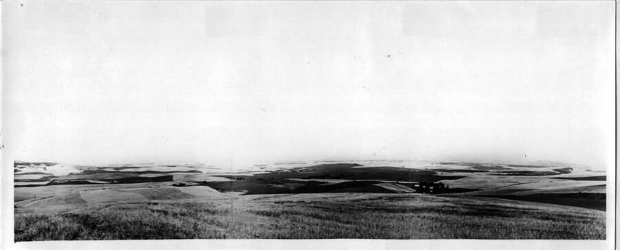 Panoramic made from three pictures showing the country to the west and northwest from a point above the Stevens Spring. This would have been the area seen by the Stevens party in 1855. Picture by [Clifford M.] Ott, 1977.