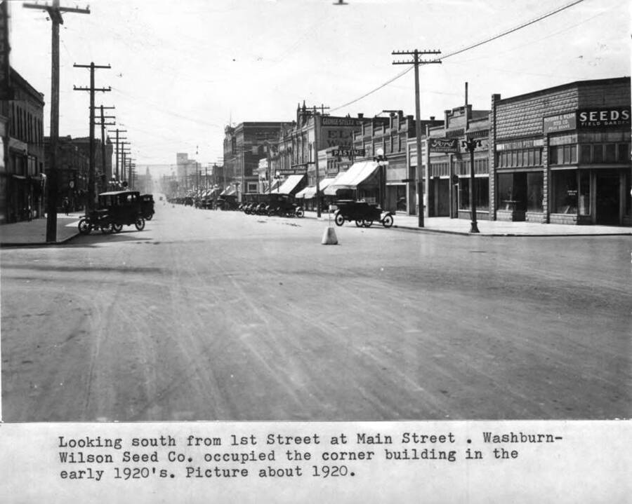 Washburn-Wilson Seed Company occupied the corner building in the early 1920s. Picture about 1920.