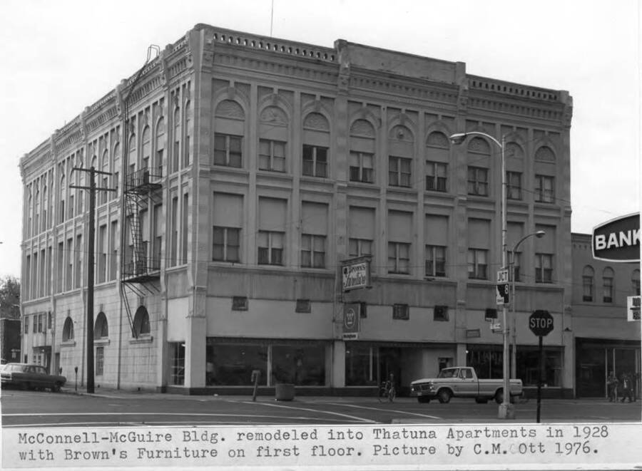 McConnell-Maguire Building remodeled into Thatuna Apartments in 1928 with Brown's Furniture on first floor. Picture by Clifford M. Ott 1976.
