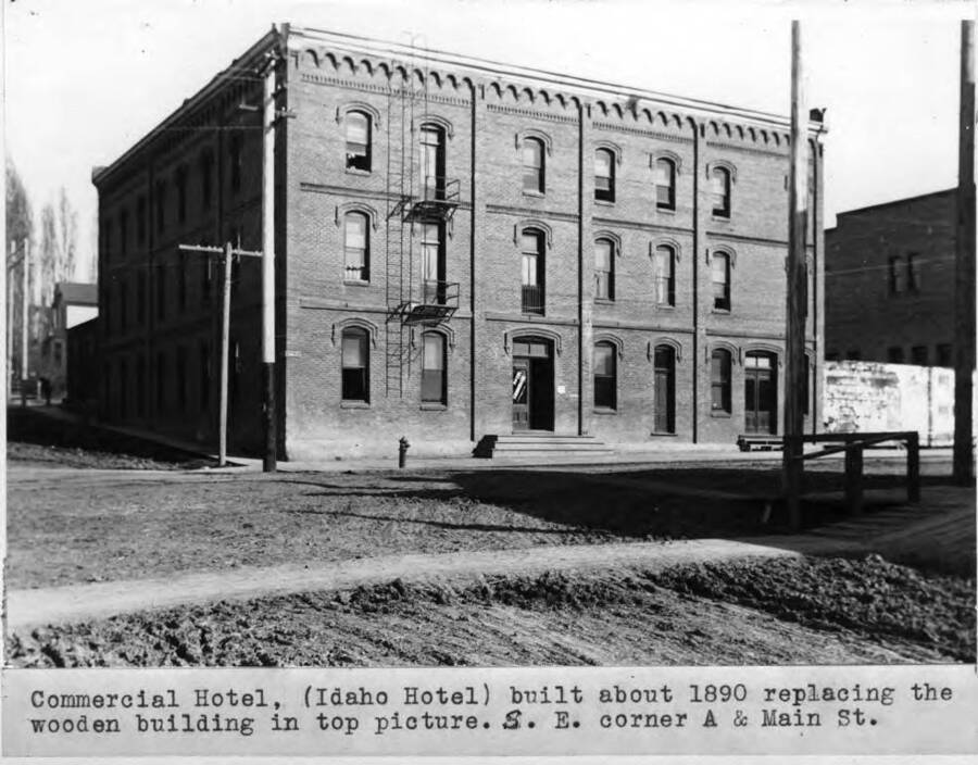(Idaho Hotel) built about 1890 replacing the wooden building in top picture [90-0008]. Southeast corner of A and Main streets.
