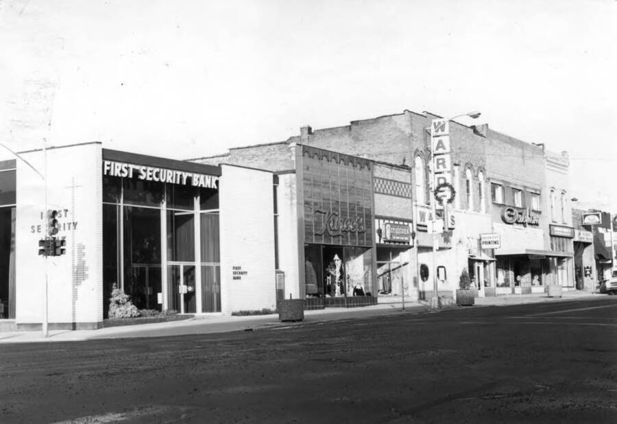 Shows changes made to the fronts of the pioneer buildings. Picture taken December 24, 1974 by Clifford M. Ott