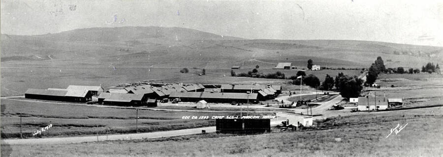 Looking southeast at the Civilian Conservation Corps 1503 camp at the southeast corner of Highway 95 and South Palouse Road. Top picture [90-0131] 7/2/1938, bottom [90-0132] 4/1939.