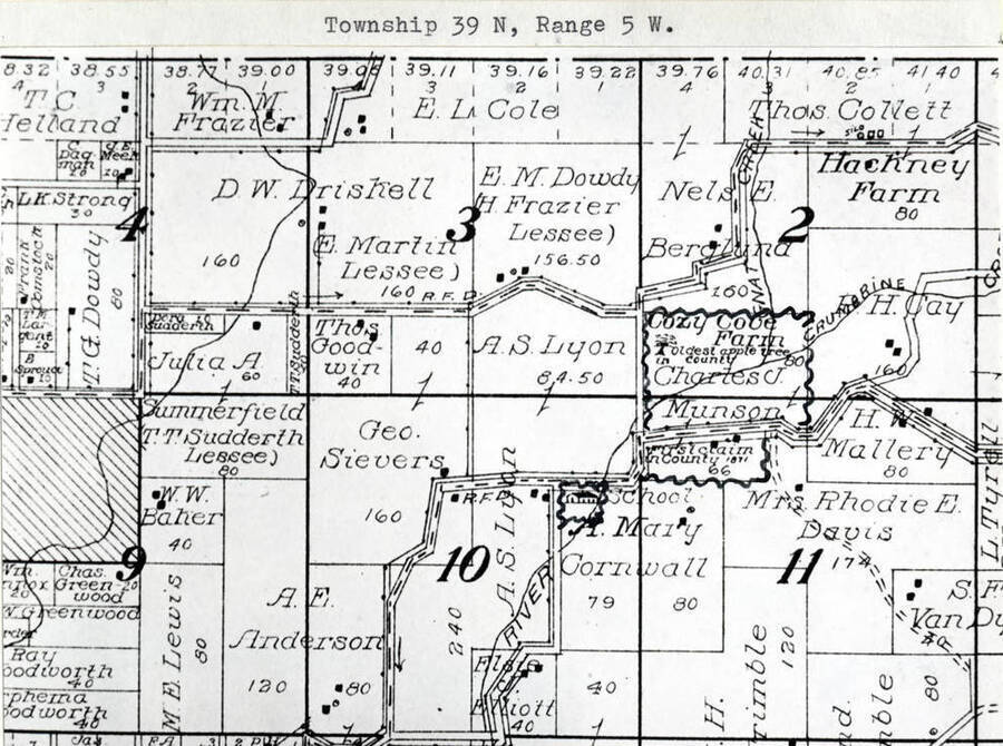 First apple tree was planted on the Almon Asbury Lieuallen homestead of 1871 and was the first claim in Latah County. Later the farm was purchased by Charles J. Munson and named the Cozy Cove Farm. Map from 1914 Latah County Atlas.