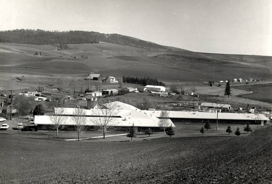 Looking southeast toward Paradise Ridge at the new Latah County Nursing Home occupied in 1957. Picture by Clifford M. Ott, 1968.
