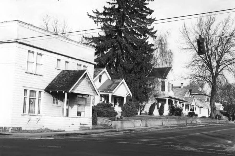 The Pleasant Home apartments at the left with residences showing beyond. Picture taken December 24, 1974 by Clifford M. Ott.