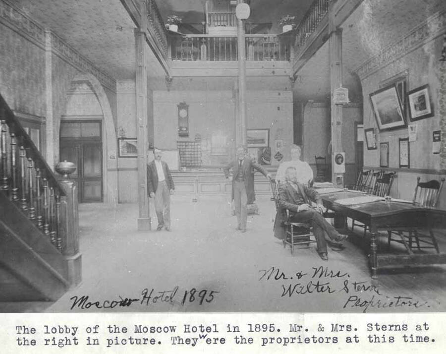 Lobby of the Hotel Moscow in 1895. Mr. and Mrs. Sterns at the right in picture. They were the proprietors at this time.