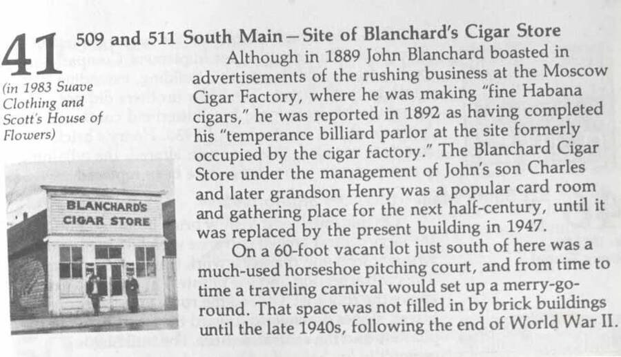 Blanchard's Cigar Store in Moscow. Photocopy or photo of description in Otness book A Great Good Country.