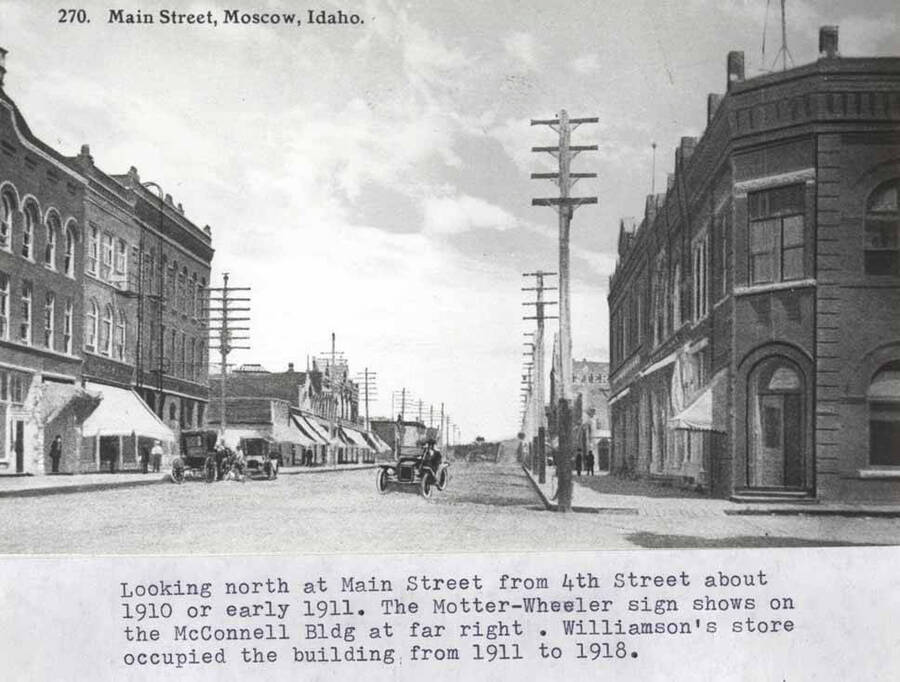 From Fourth Street about 1910 or early 1911. The Motter-Wheeler sign shows on the McConnell Building at far right. Williamson's store occupied the building from 1911 to 1918.