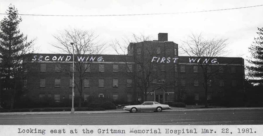 Looking east at [Gritman Memorial Hospital]. March 22, 1981.
