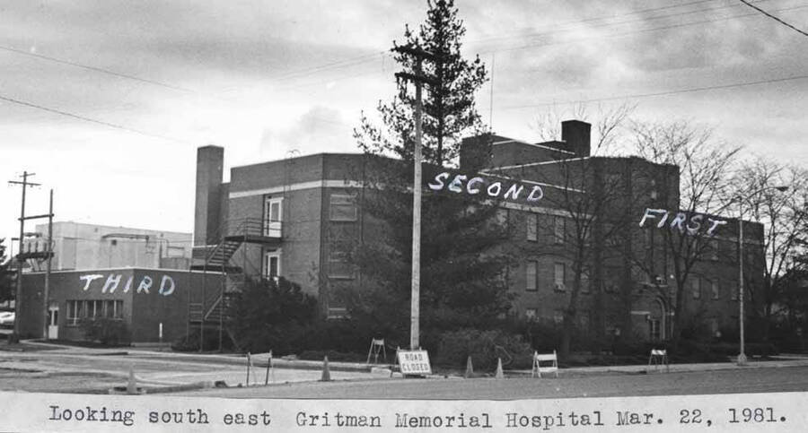 Looking southeast at [Gritman Memorial Hospital]. March 22, 1981.