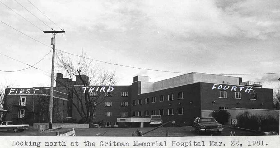 Looking north at [Gritman Memorial Hospital]. March 22, 1981.