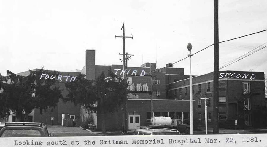 Looking south at [Gritman Memorial Hospital]. March 22, 1981.