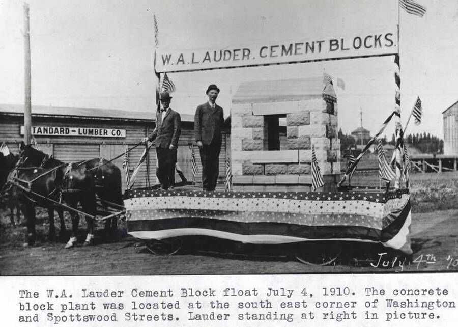 The concrete block plant was located at the southeast corner of Washington and Spotswood streets. Lauder standing at right in picture.