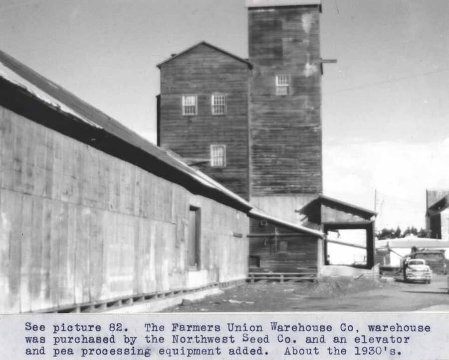 The Farmers Union Warehouse Company warehouse was purchased by the Northwest Seed Company and an elevator and pea processing equipment added. About the 1930s.