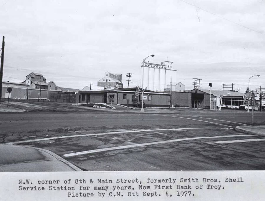 Formerly Smith Brothers Shell service station for many years. Now First Bank of Troy. Picture by Clifford M. Ott, September 4, 1977.