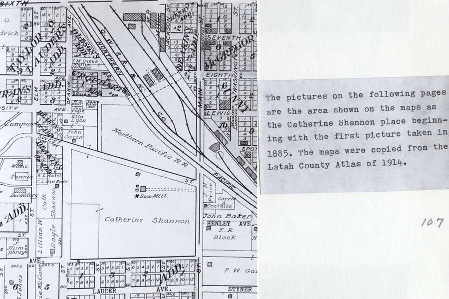 The pictures on the following pages are the area on the maps as the Catherine Shannon place beginning with the first picture taken in 1885. The maps were copied from the Latah County Atlas of 1914.